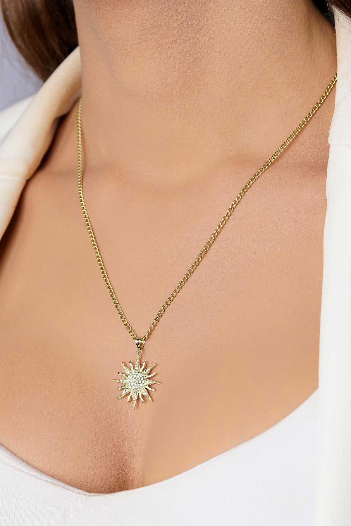 14K Gold Sun Charm on Curb Link Chain