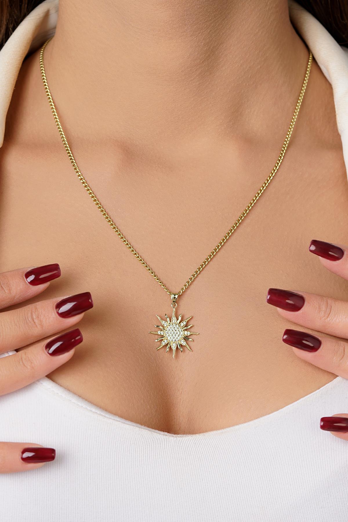 14K Gold Sun Charm on Curb Link Chain