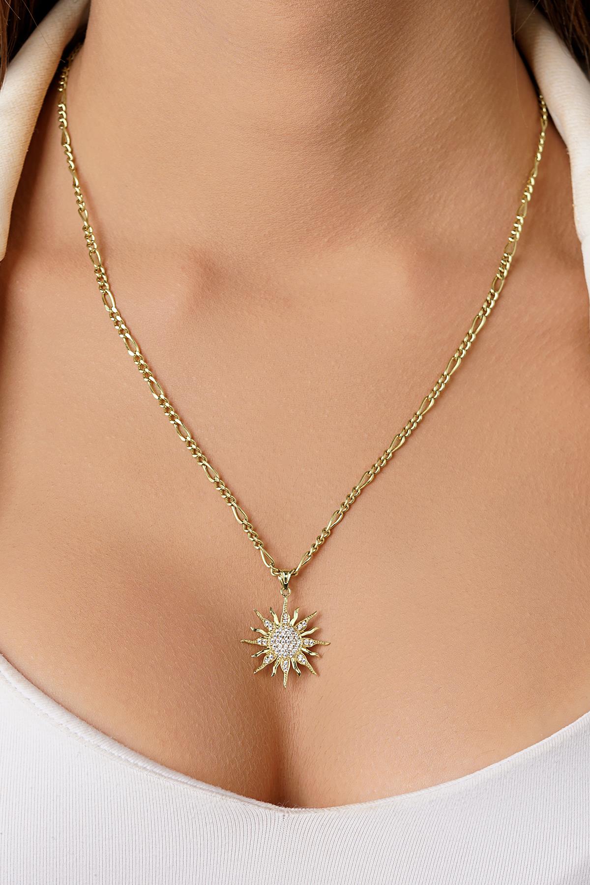 14K Gold Sun Medallion on Figaro Chain