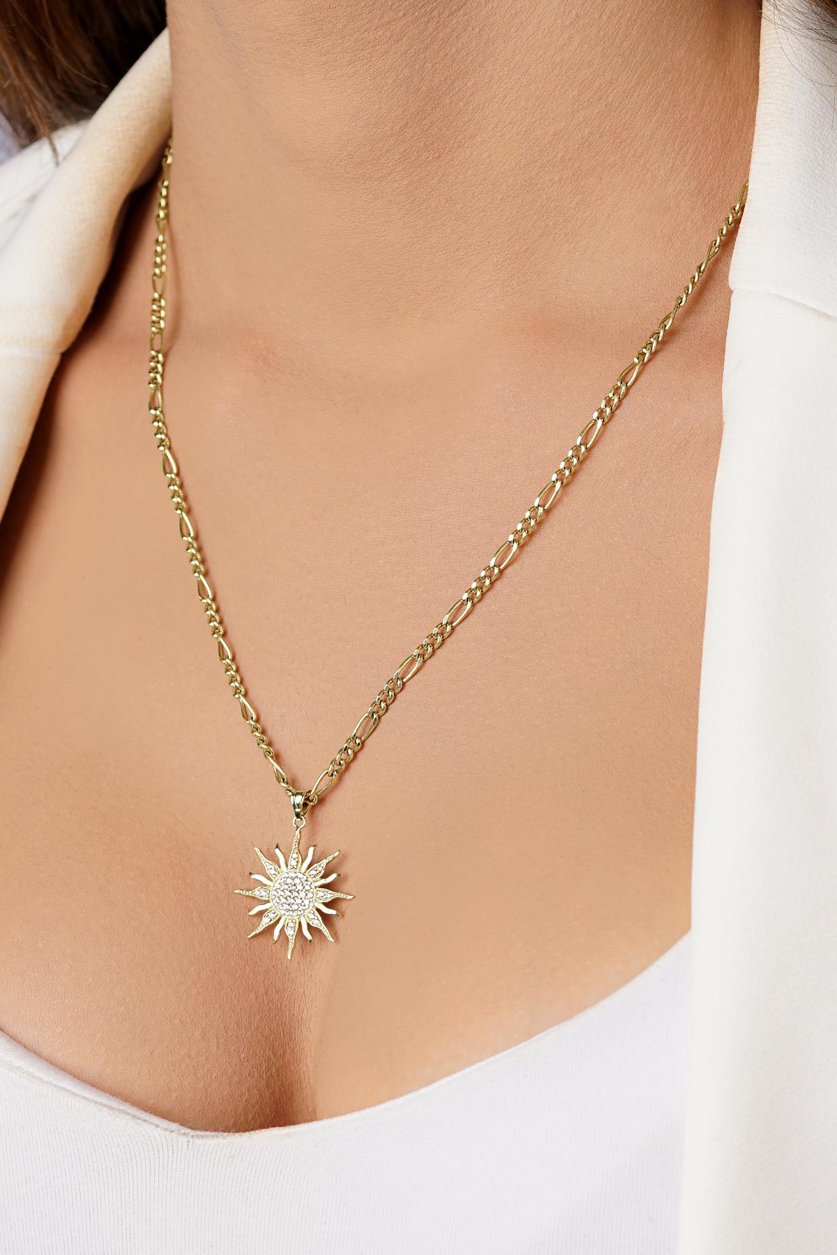 14K Gold Sun Medallion on Figaro Chain