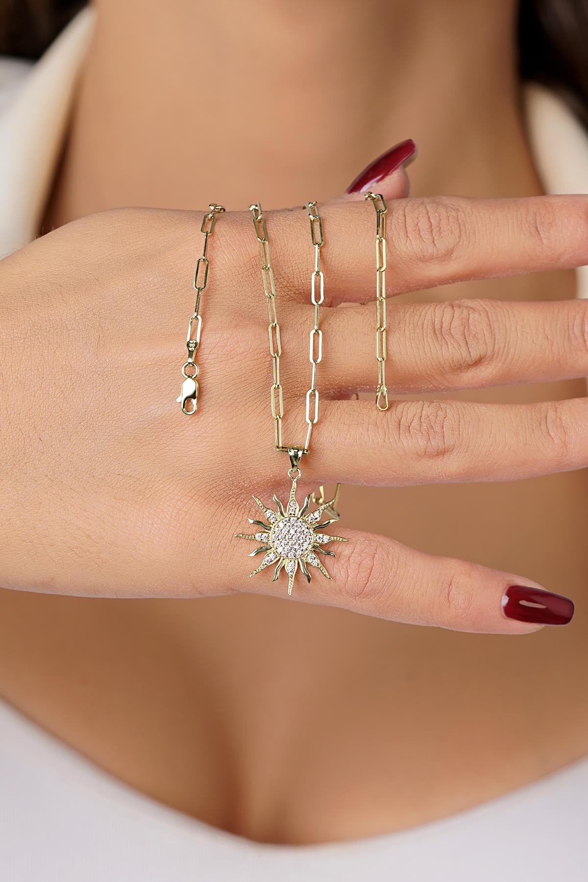 14K Gold Sun Medallion on Paperclip Chain