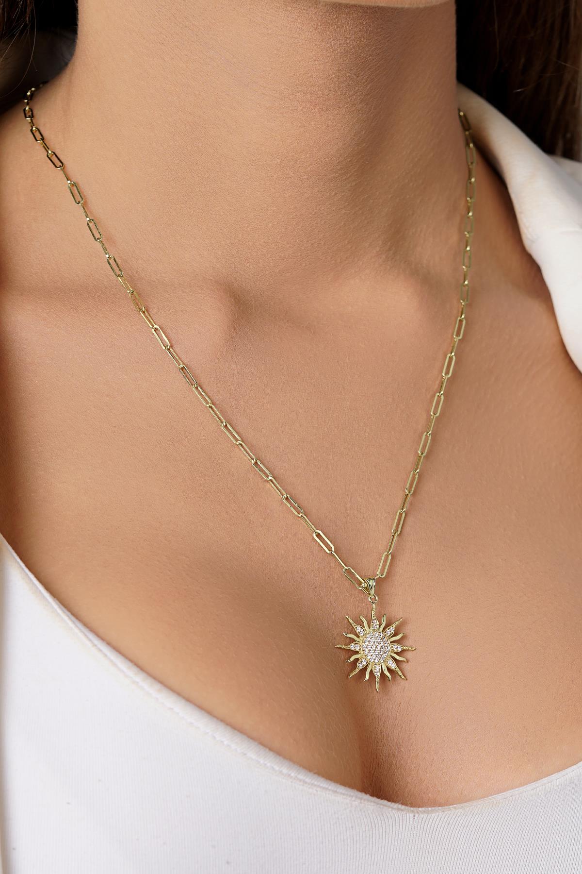 14K Gold Sun Medallion on Paperclip Chain