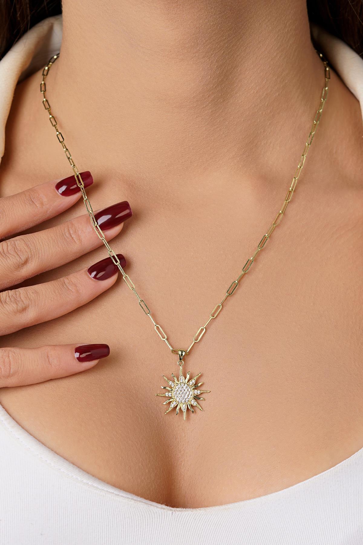 14K Gold Sun Medallion on Paperclip Chain