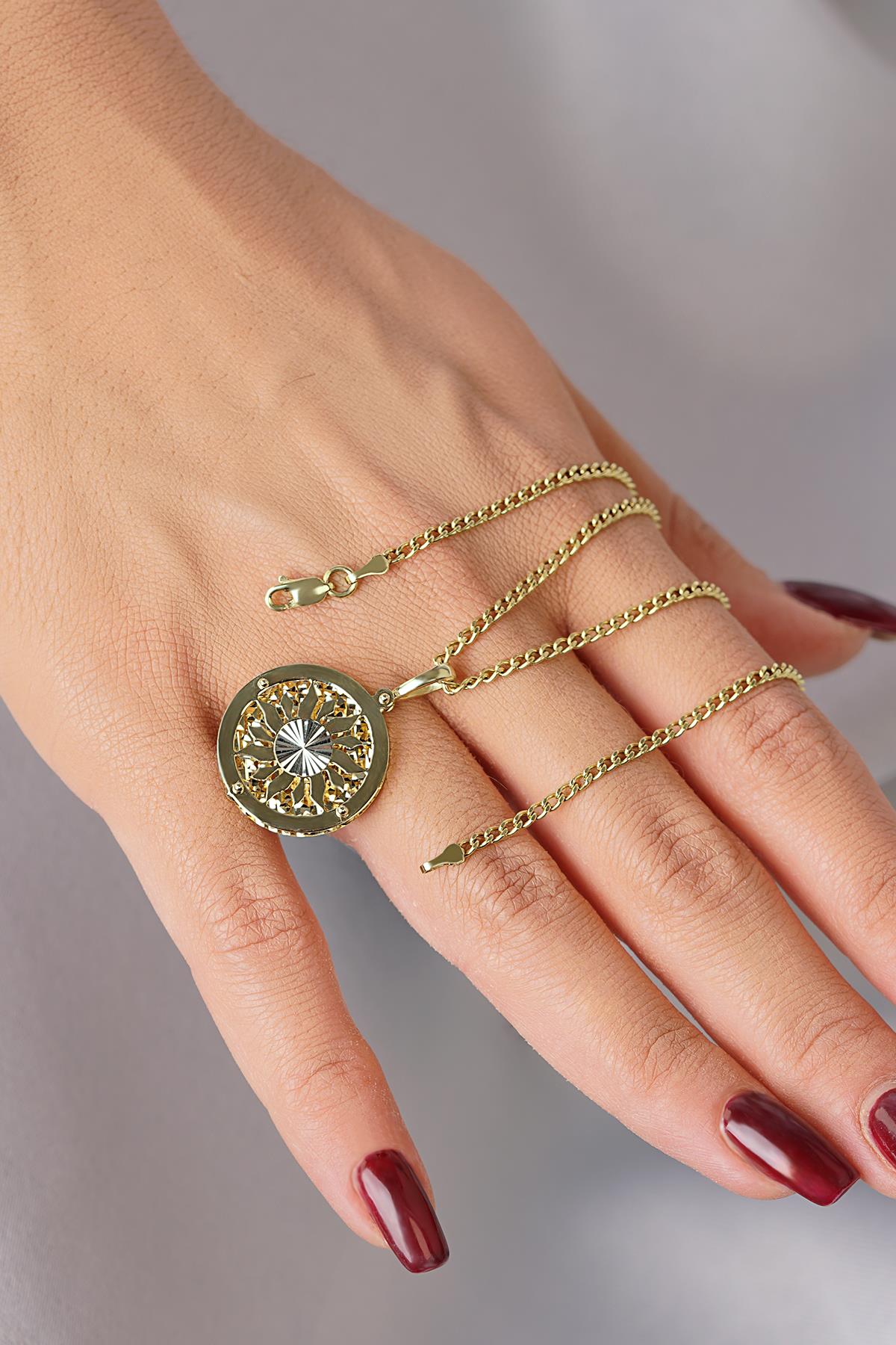 14K Gold Sun Pendant on Curb Chain