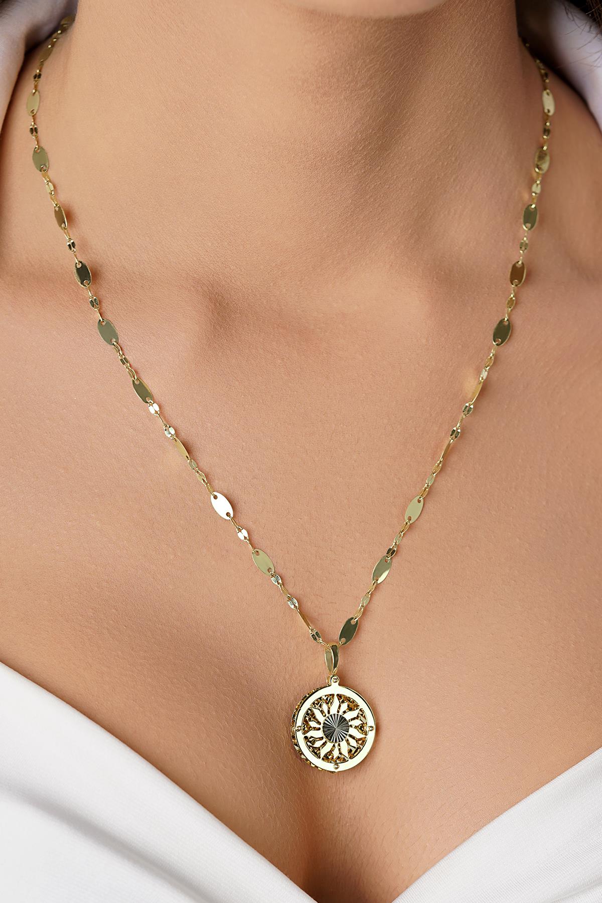 14K Gold Sunburst Charm on Bold Mirror Link