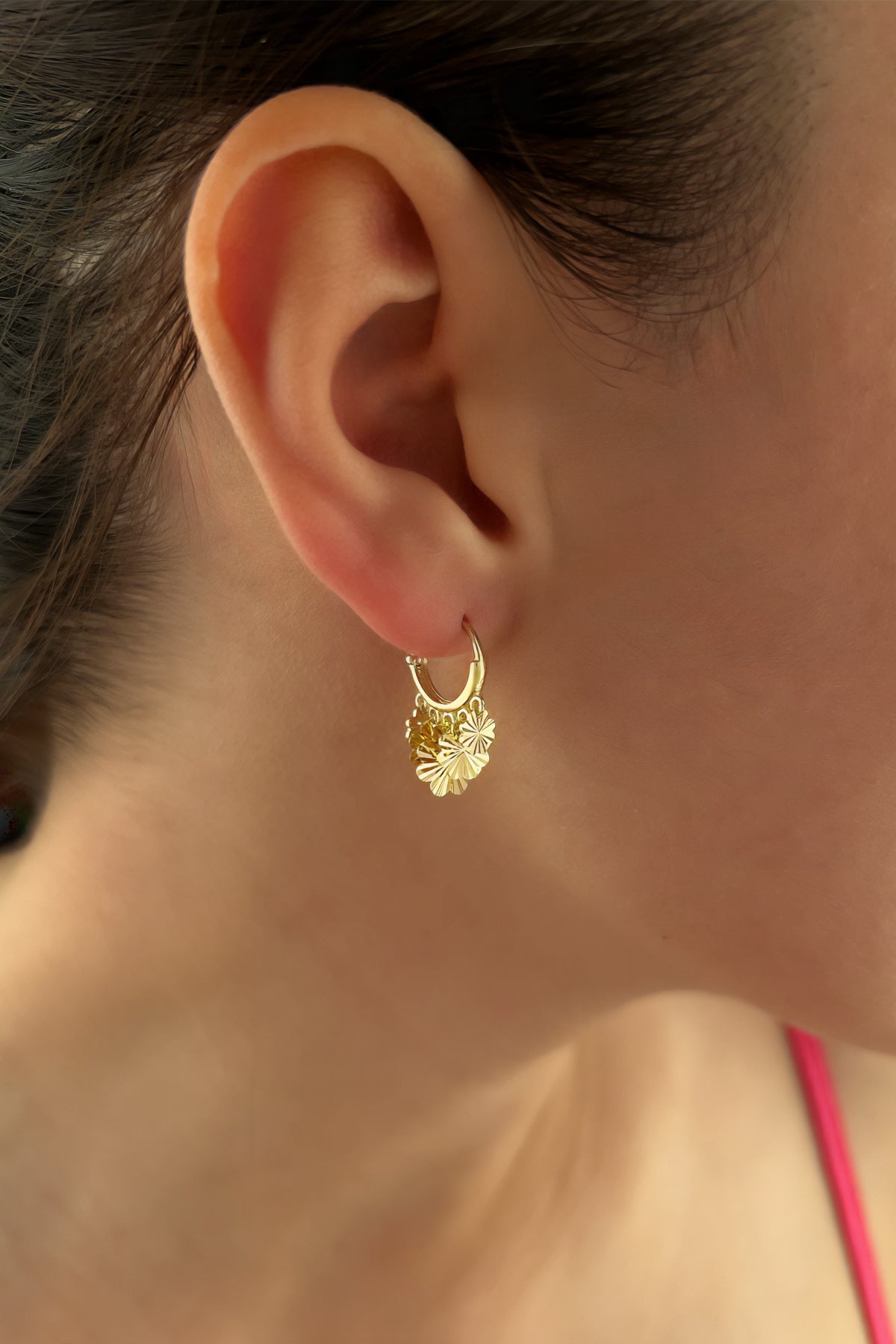 14K Gold SunBurst Four Leaf Clover Dangle Huggie Earrings