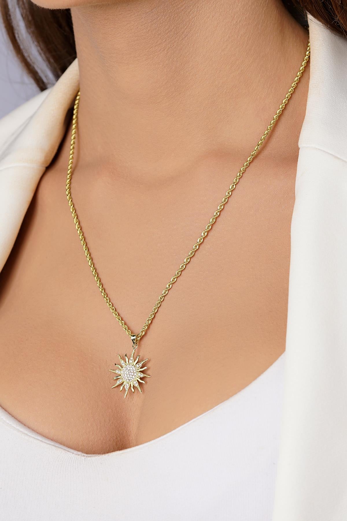 14K Gold Sunburst Pendant on Rope Chain