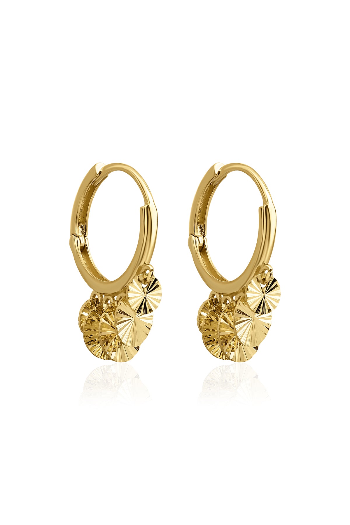 14K Gold Sunburst Round Sequin Dangle Huggie Earrings