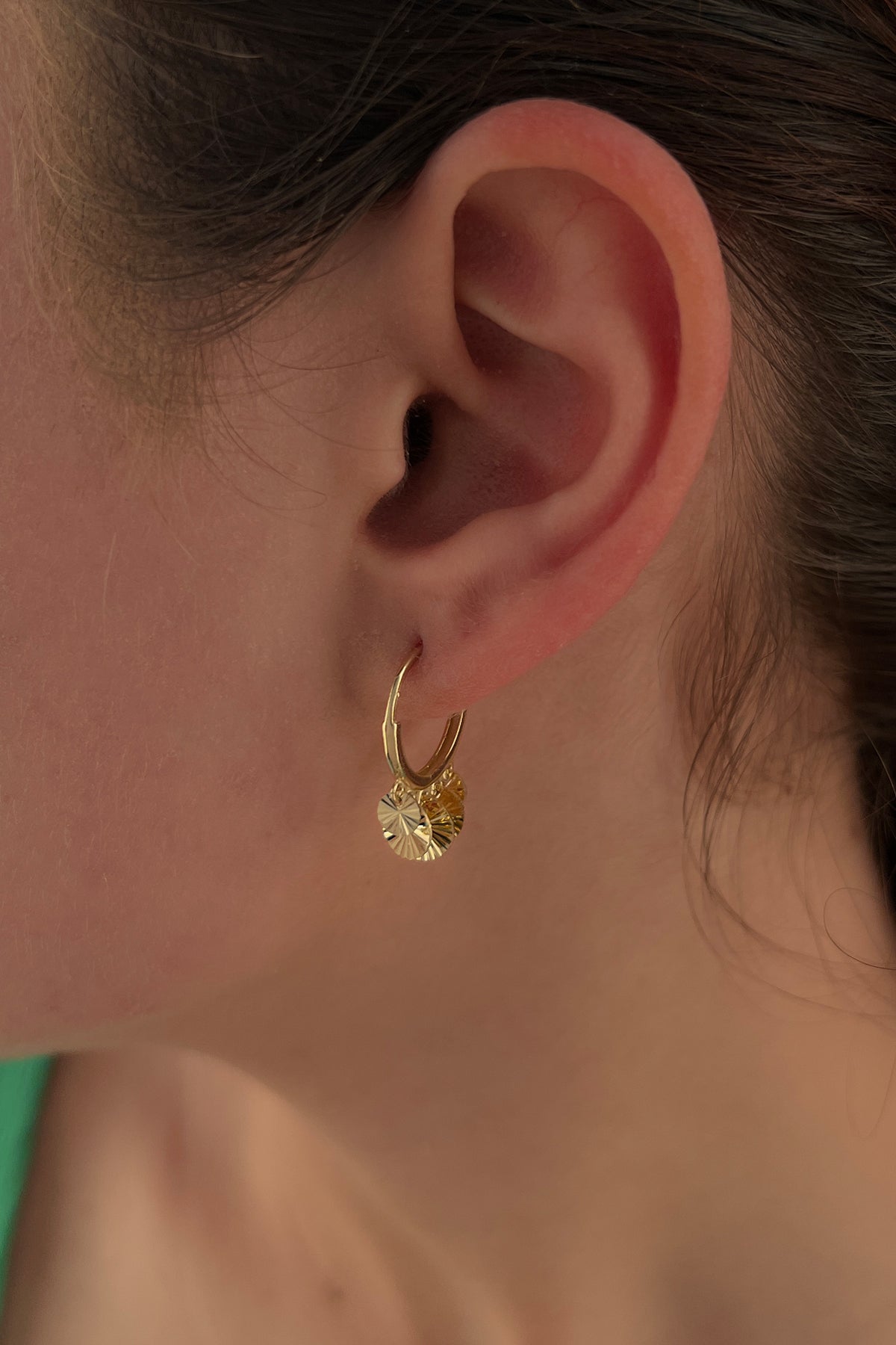 14K Gold Sunburst Round Sequin Dangle Huggie Earrings