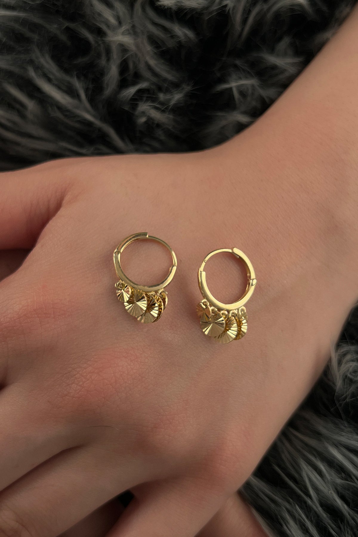 14K Gold Sunburst Round Sequin Dangle Huggie Earrings