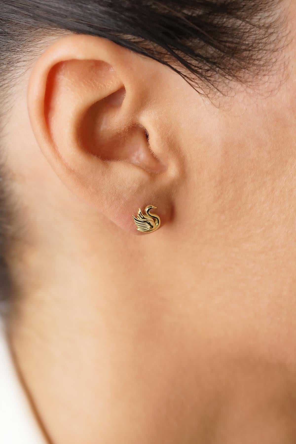 14K Gold Swan Stud Earrings