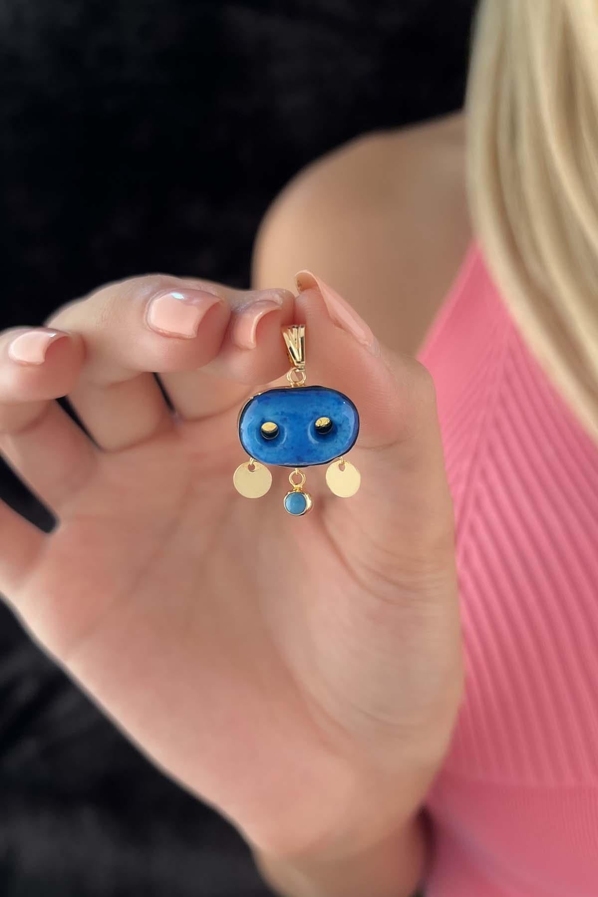 14K Gold Syriac Eye Charm With Dangling Scale