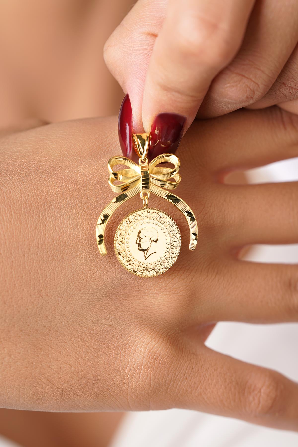 14K Solid Gold Textured Bow Coin Pendant