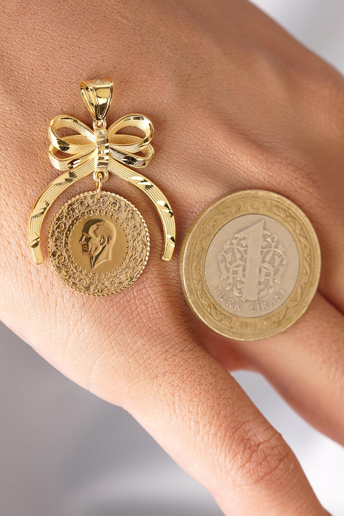 14K Solid Gold Textured Bow Coin Pendant