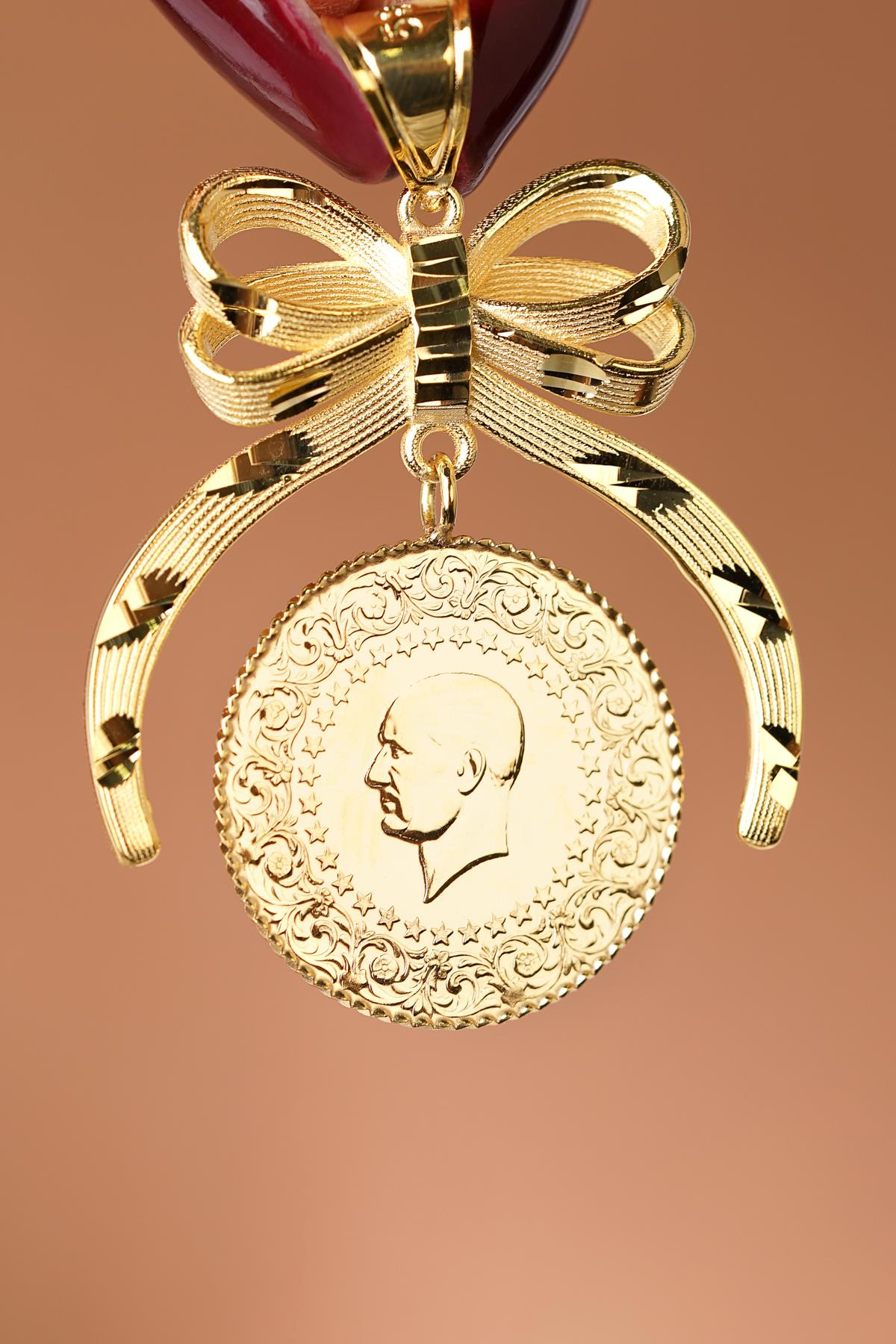 14K Gold Textured Bow Coin Pendant