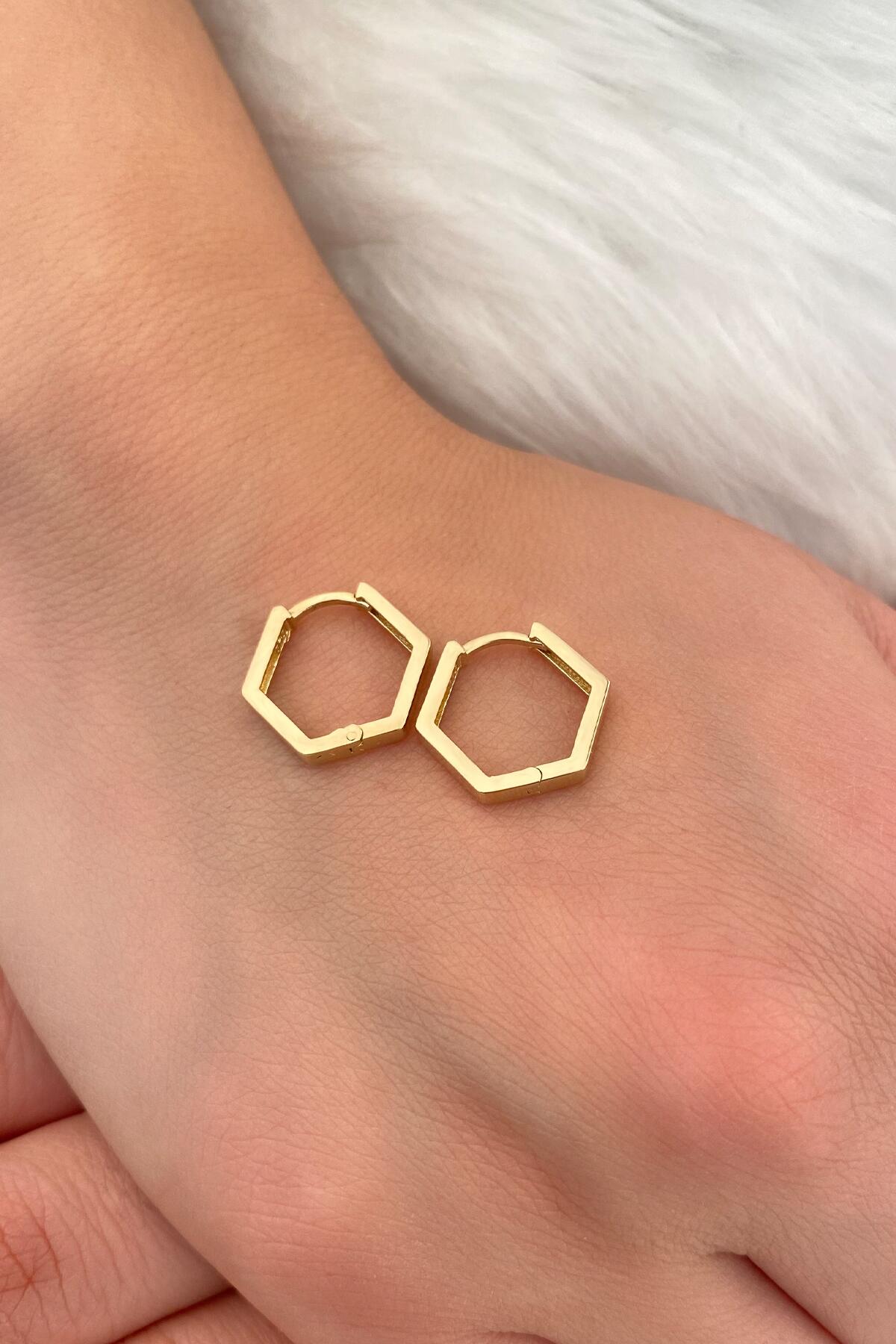 14K Gold Thick Hexagon Huggie Earrings