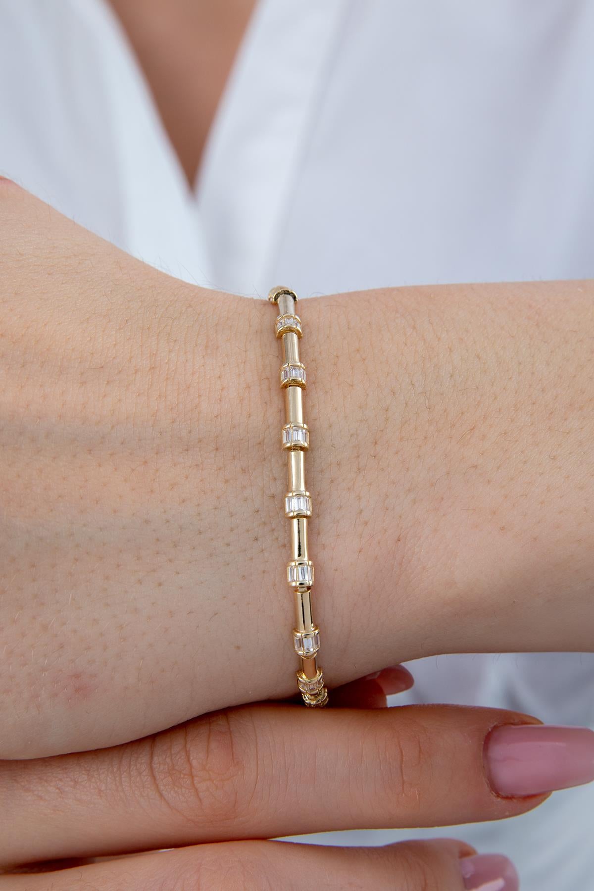 14K Gold Thin Sectional Half Round Barrel Stone Bracelet
