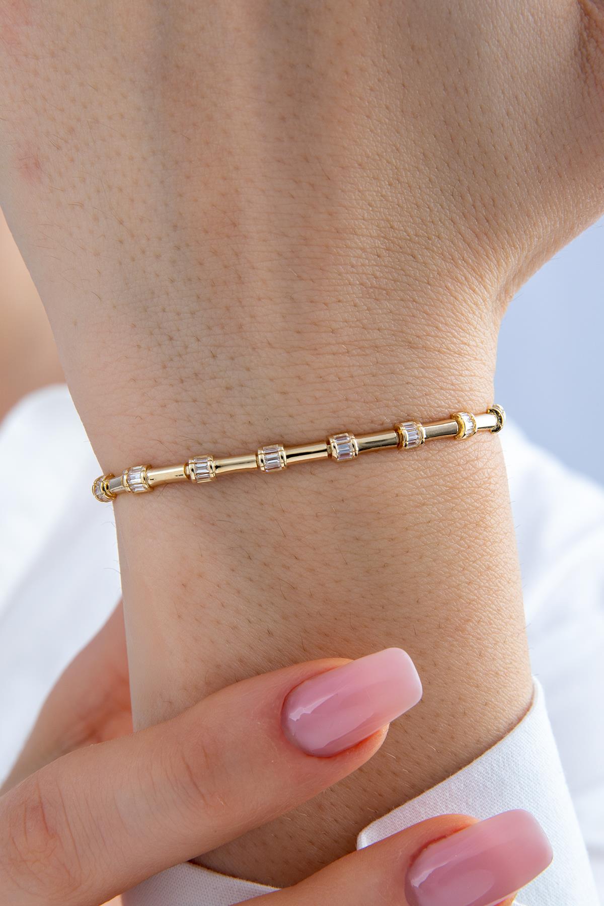 14K Gold Thin Sectional Half Round Barrel Stone Bracelet