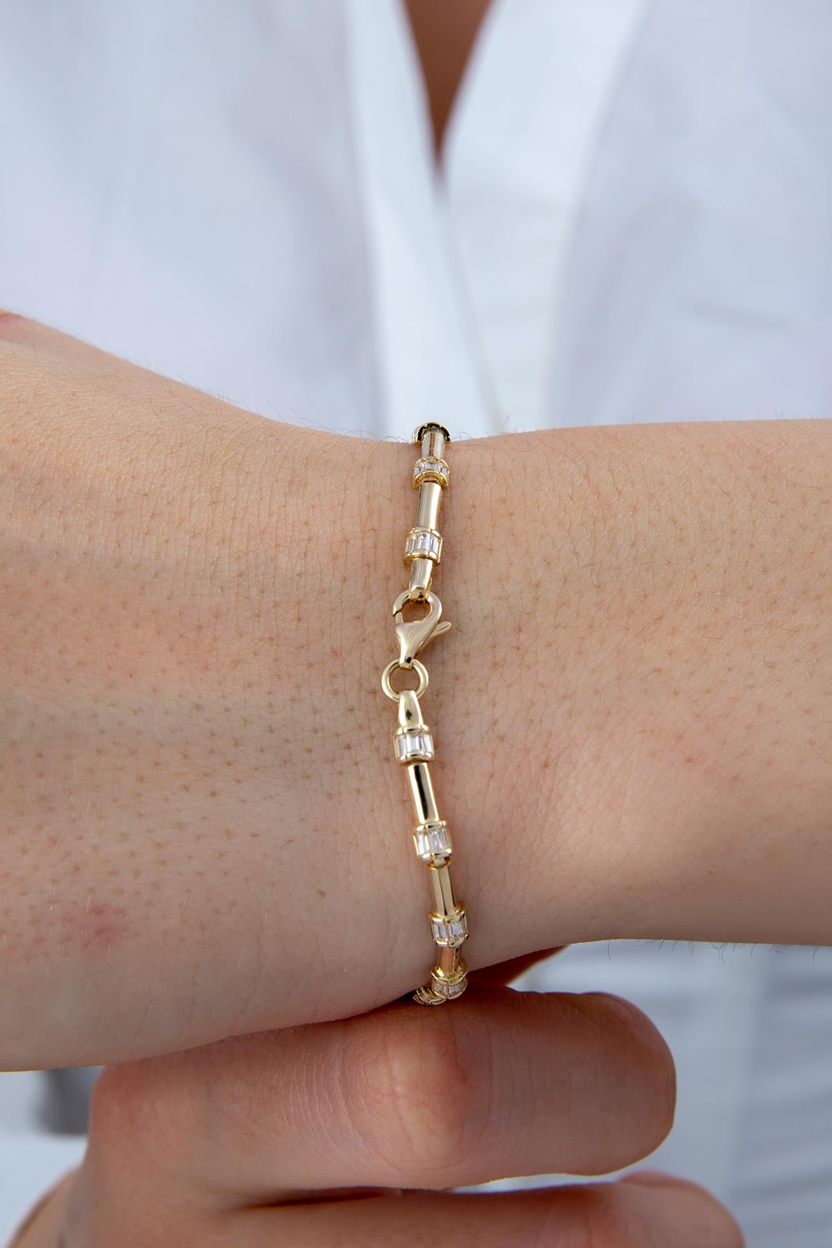 14K Gold Thin Sectional Half Round Barrel Stone Bracelet