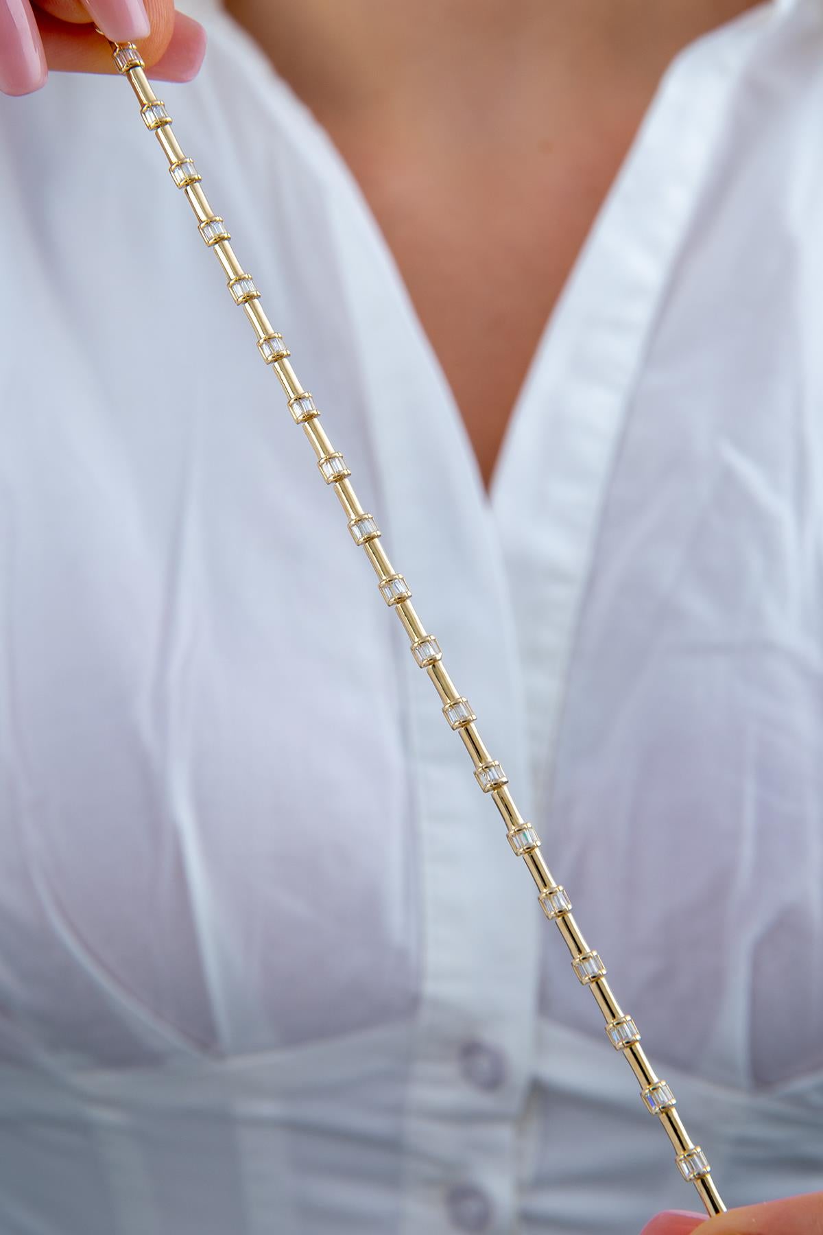 14K Gold Thin Sectional Half Round Barrel Stone Bracelet