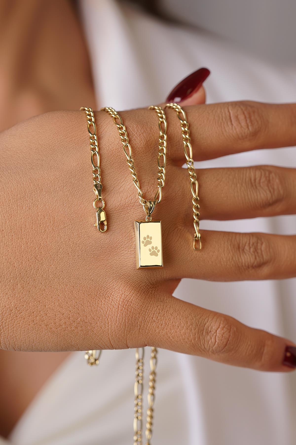 14K Gold Tiny Ingot Charm on Figaro Chain