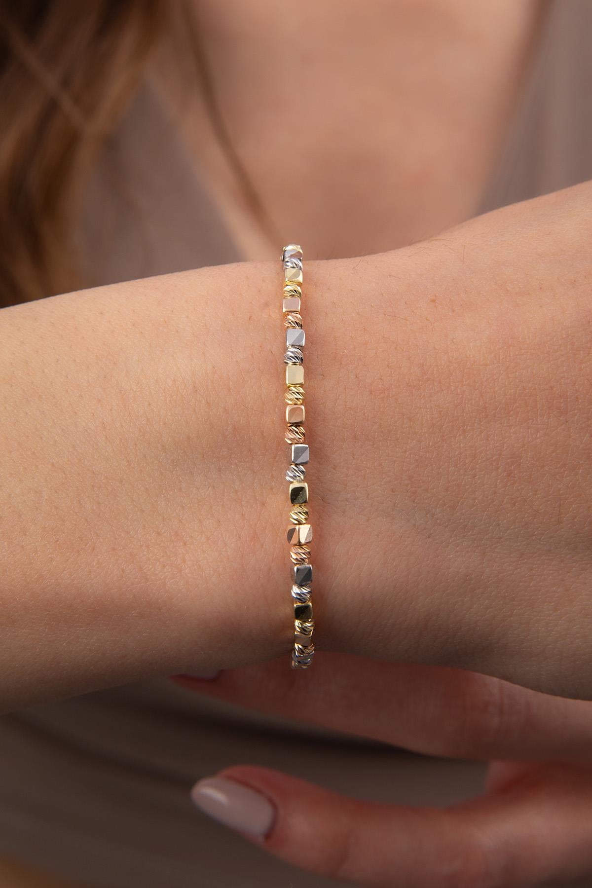 14K Gold Tri Color Diamond Cut Ball & Cube Bracelet