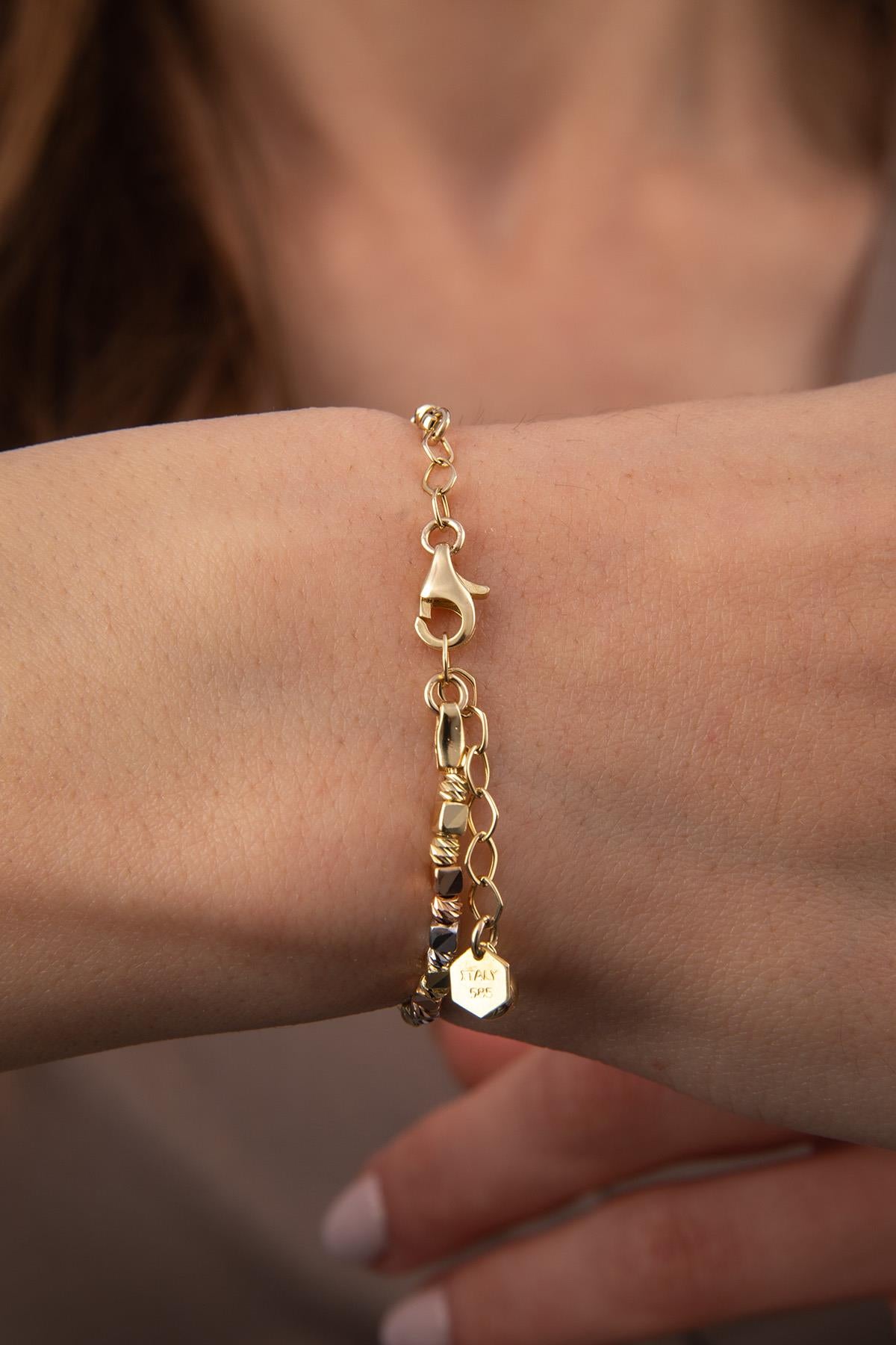 14K Gold Tri Color Diamond Cut Ball & Cube Bracelet