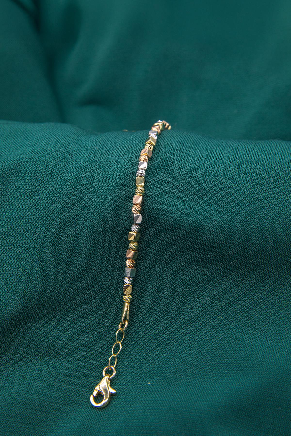 14K Gold Tri Color Diamond Cut Ball & Cube Bracelet