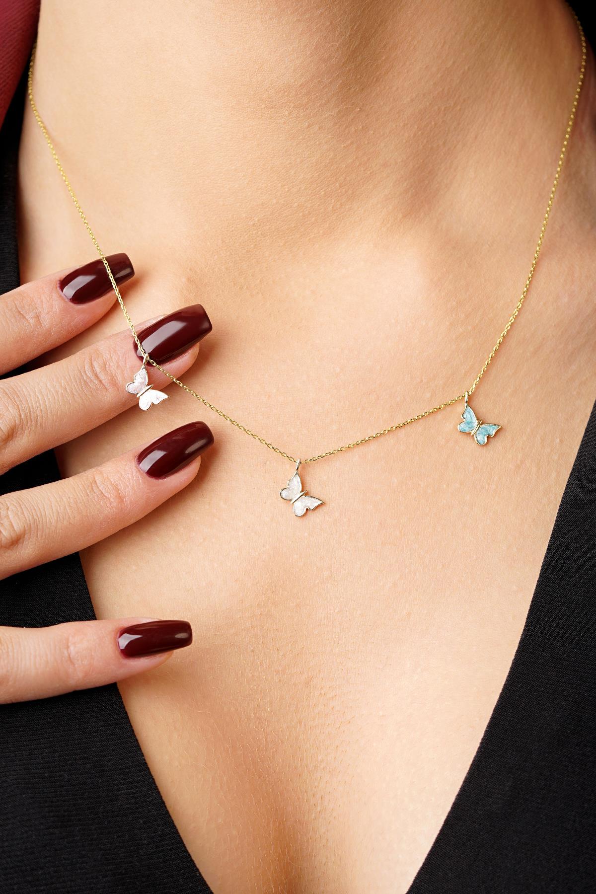 14K Gold Triple Enamel Butterflies Necklace