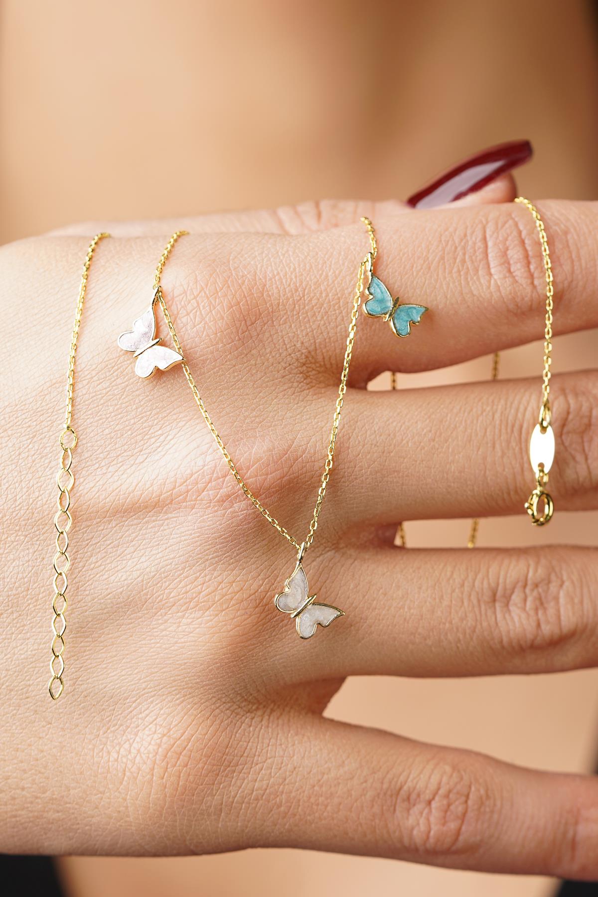 14K Gold Triple Enamel Butterflies Necklace