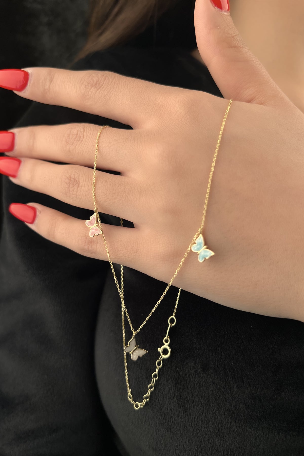 14K Gold Triple Enamel Butterflies Necklace