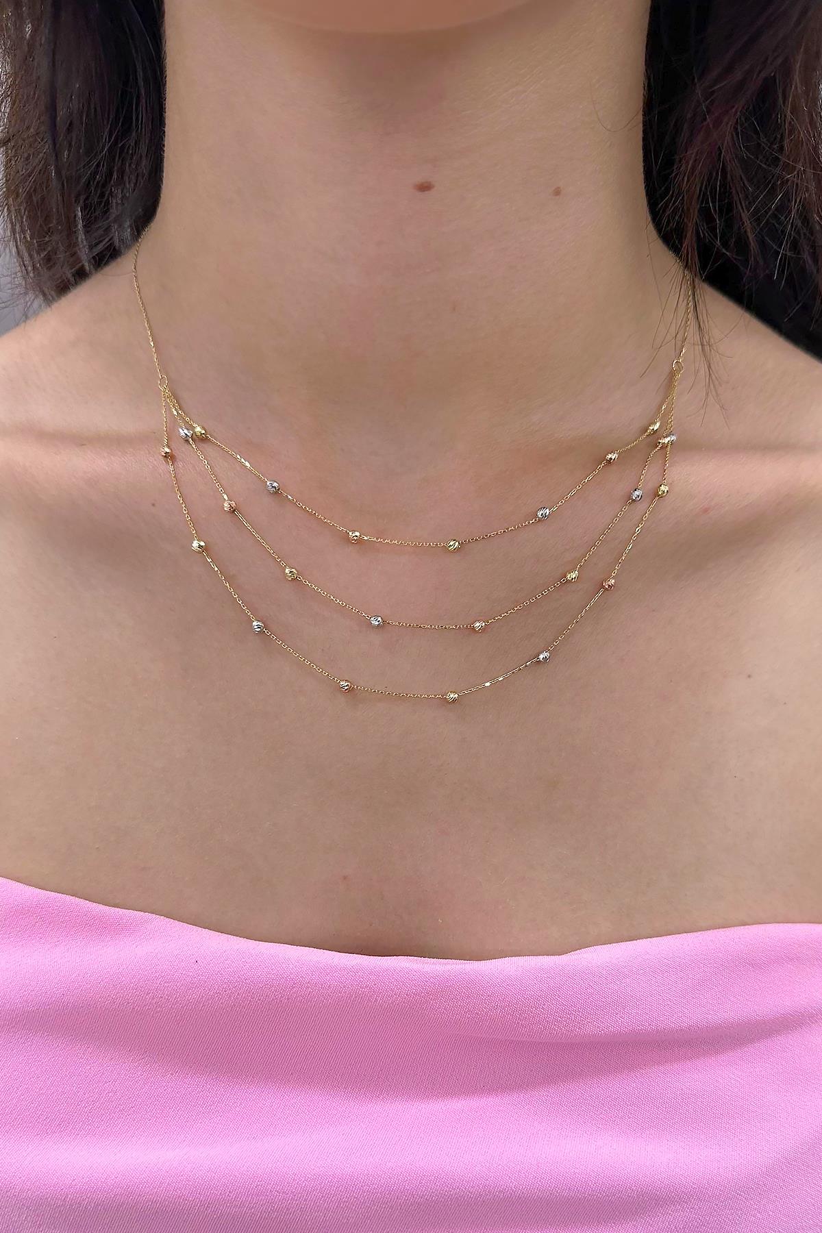 14K Gold Triple Layer Dıamond Cut Ball Necklace