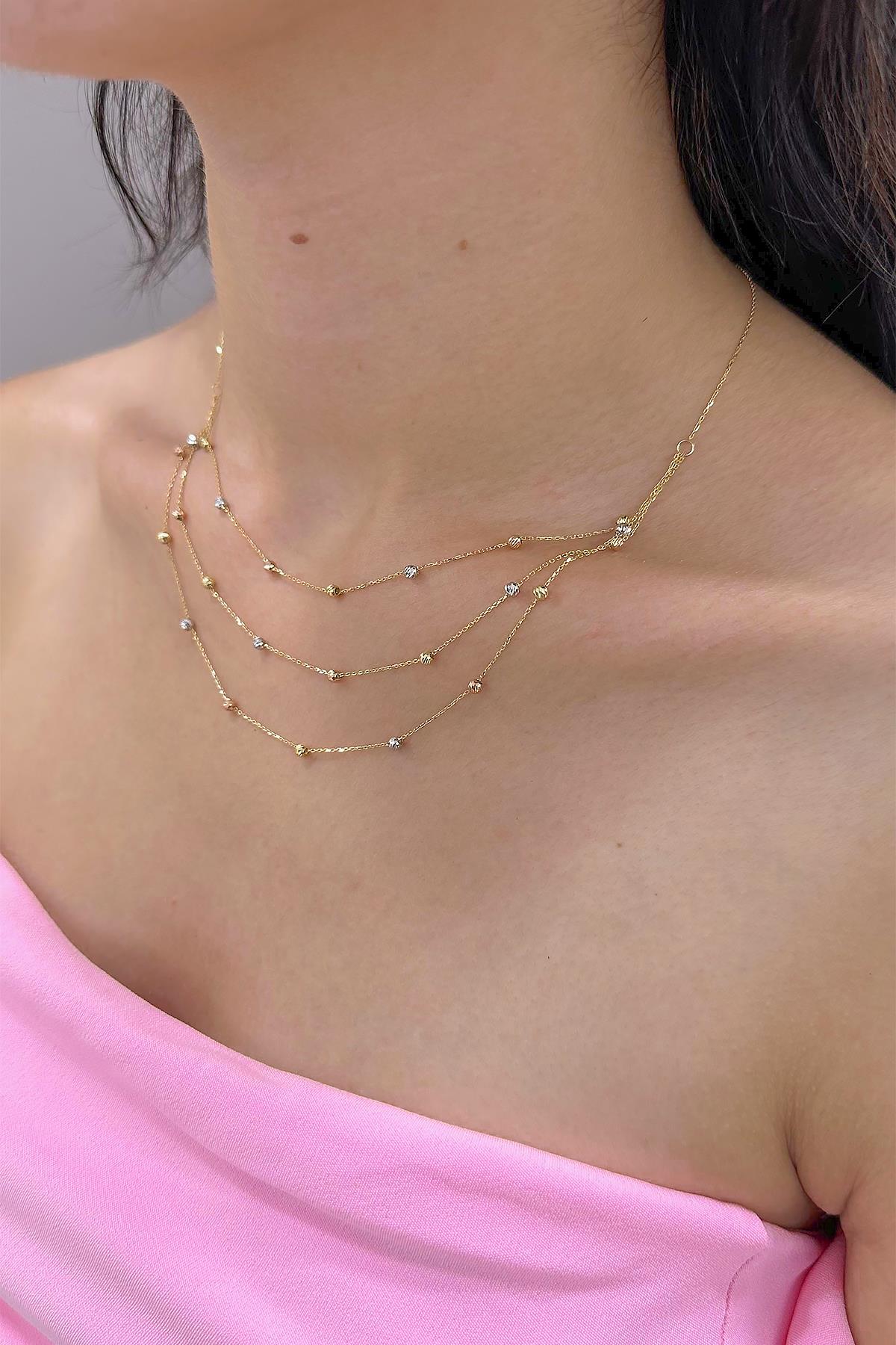 14K Gold Triple Layer Dıamond Cut Ball Necklace