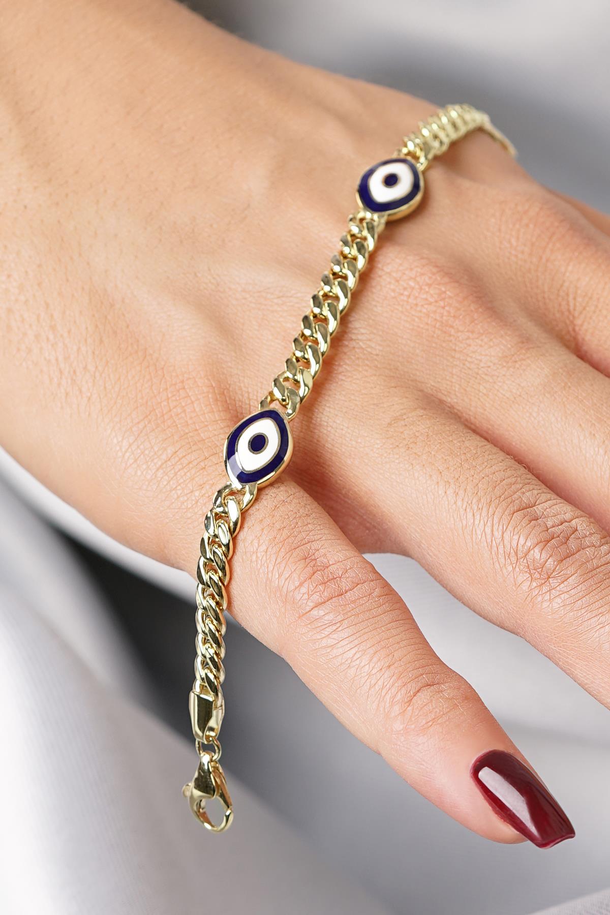 14K Gold Triple Navy Eye Curb Bracelet