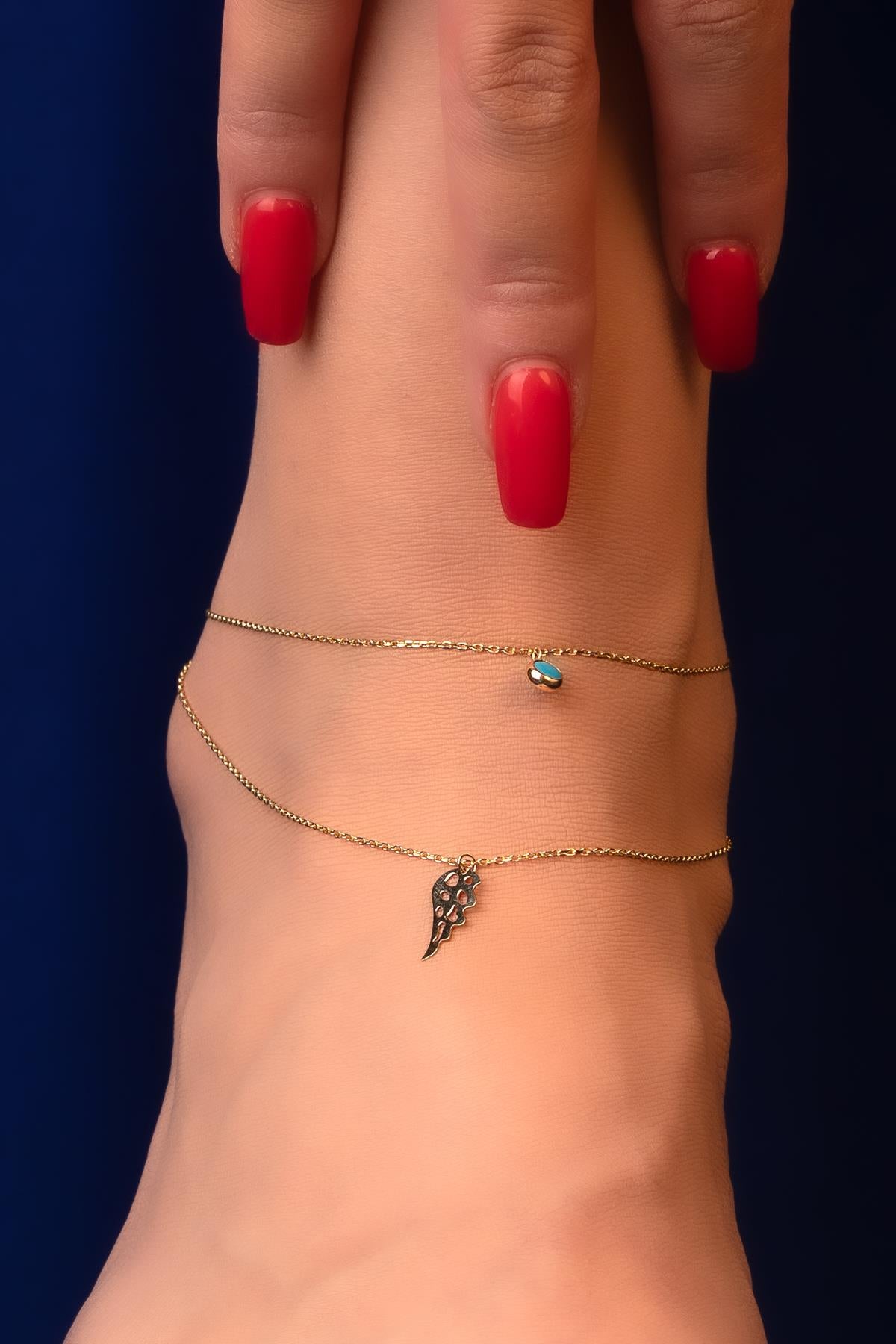 14K Gold Turquoise Angel Wing Anklet