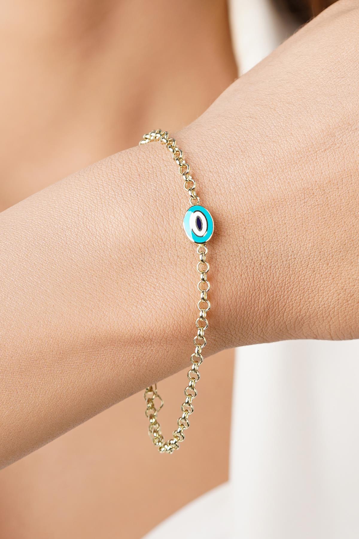 14K Gold Turquoise Enamel Evil Eye Bracelet