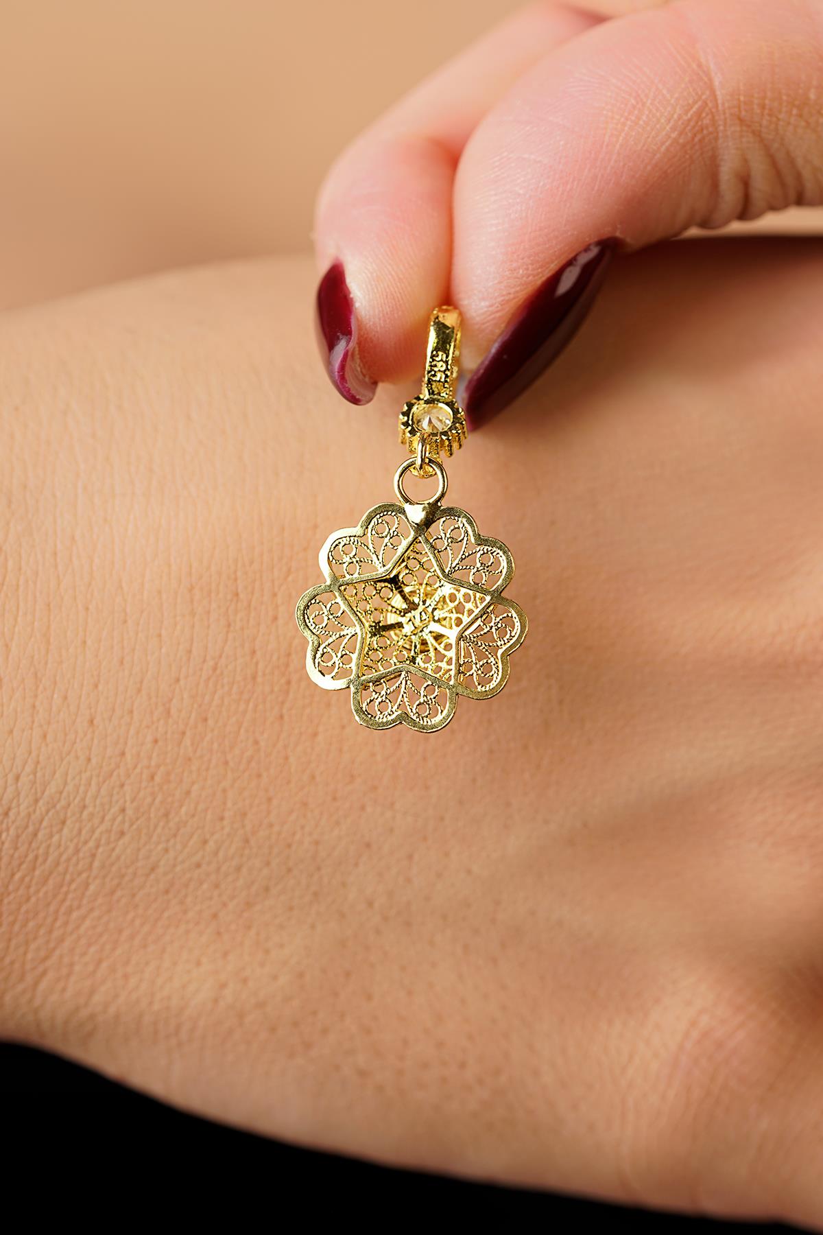14K Gold Turquoise Filigree Rose Mother's Pendant