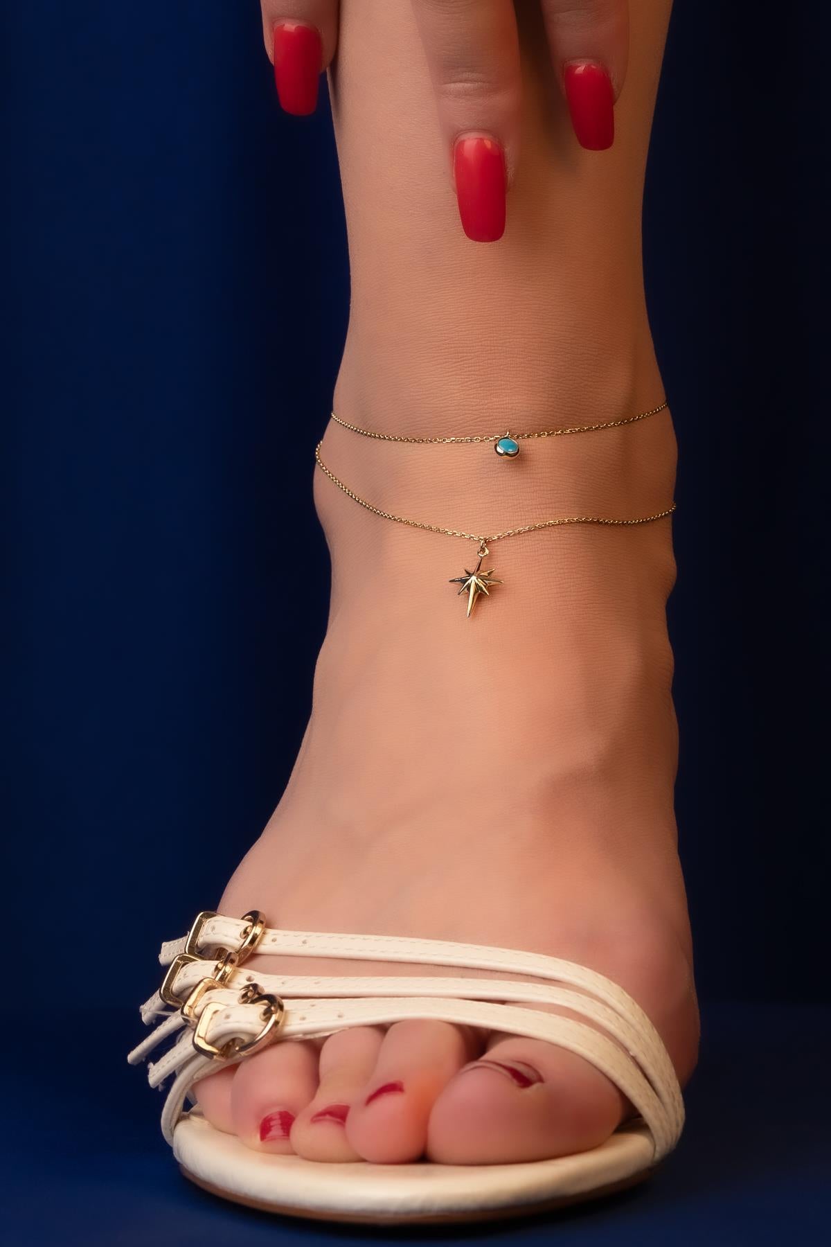 14K Gold Turquoise North Star Anklet