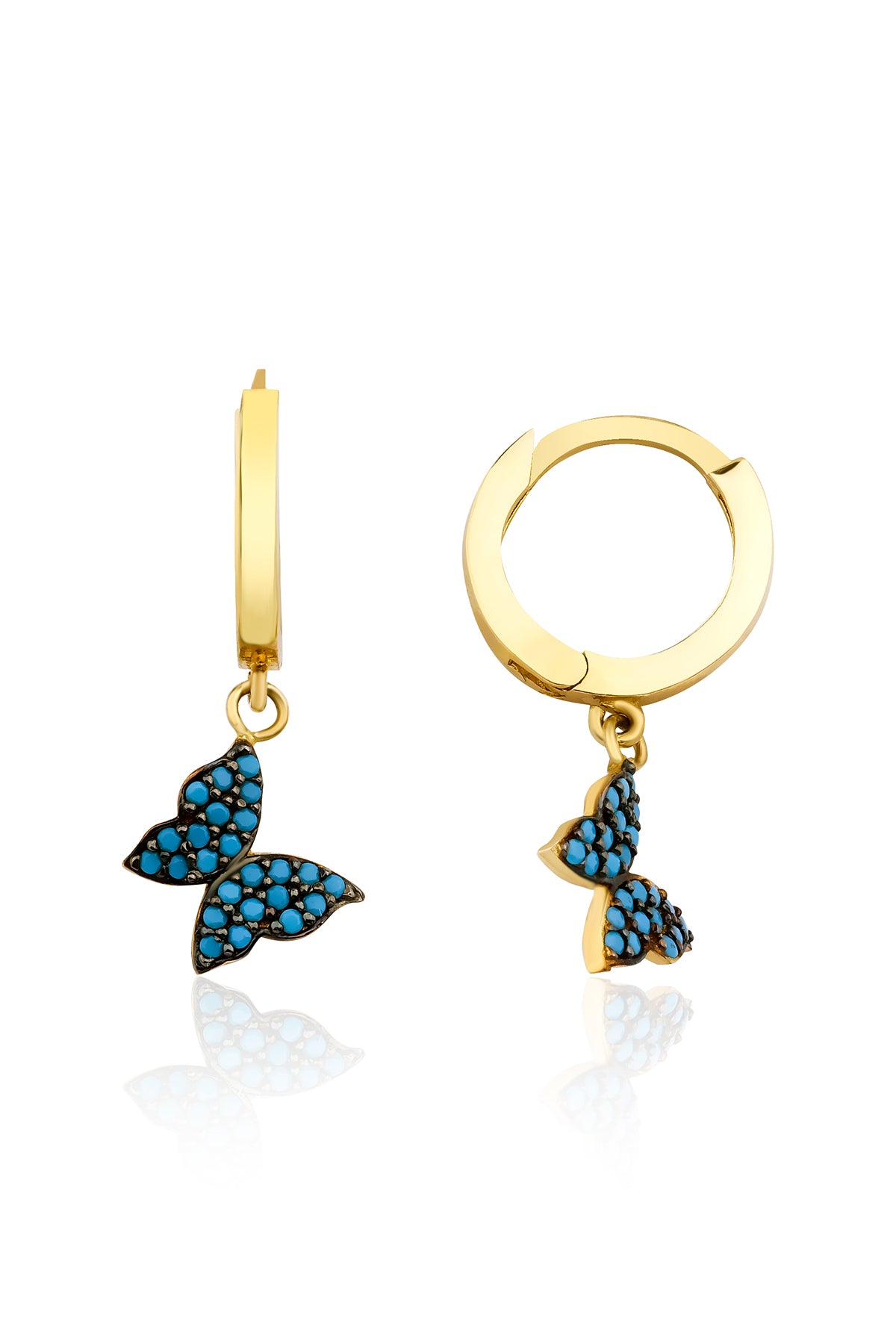 14K Gold Turquoise Stone Butterfly Shape Dangle Huggie Earrings