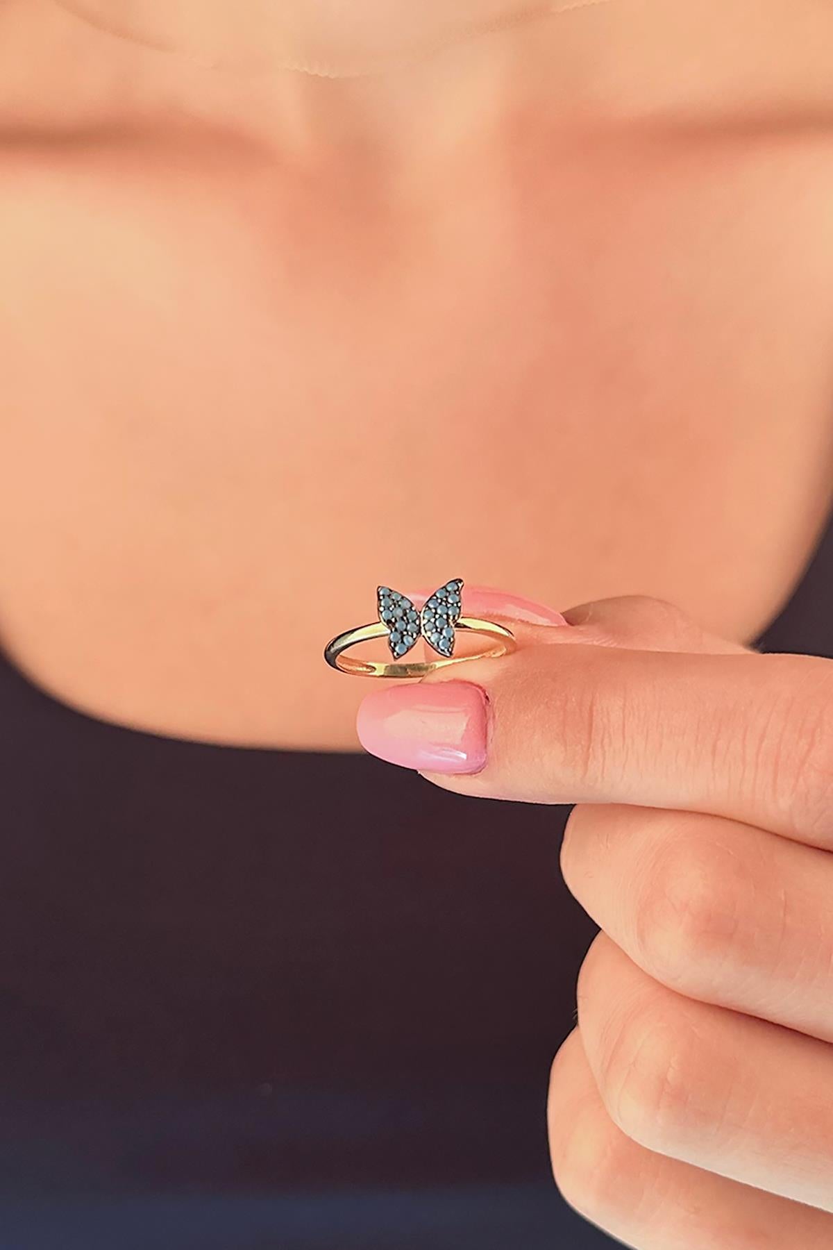 14K Gold Turquoise Stone Butterfly Shaped Ring