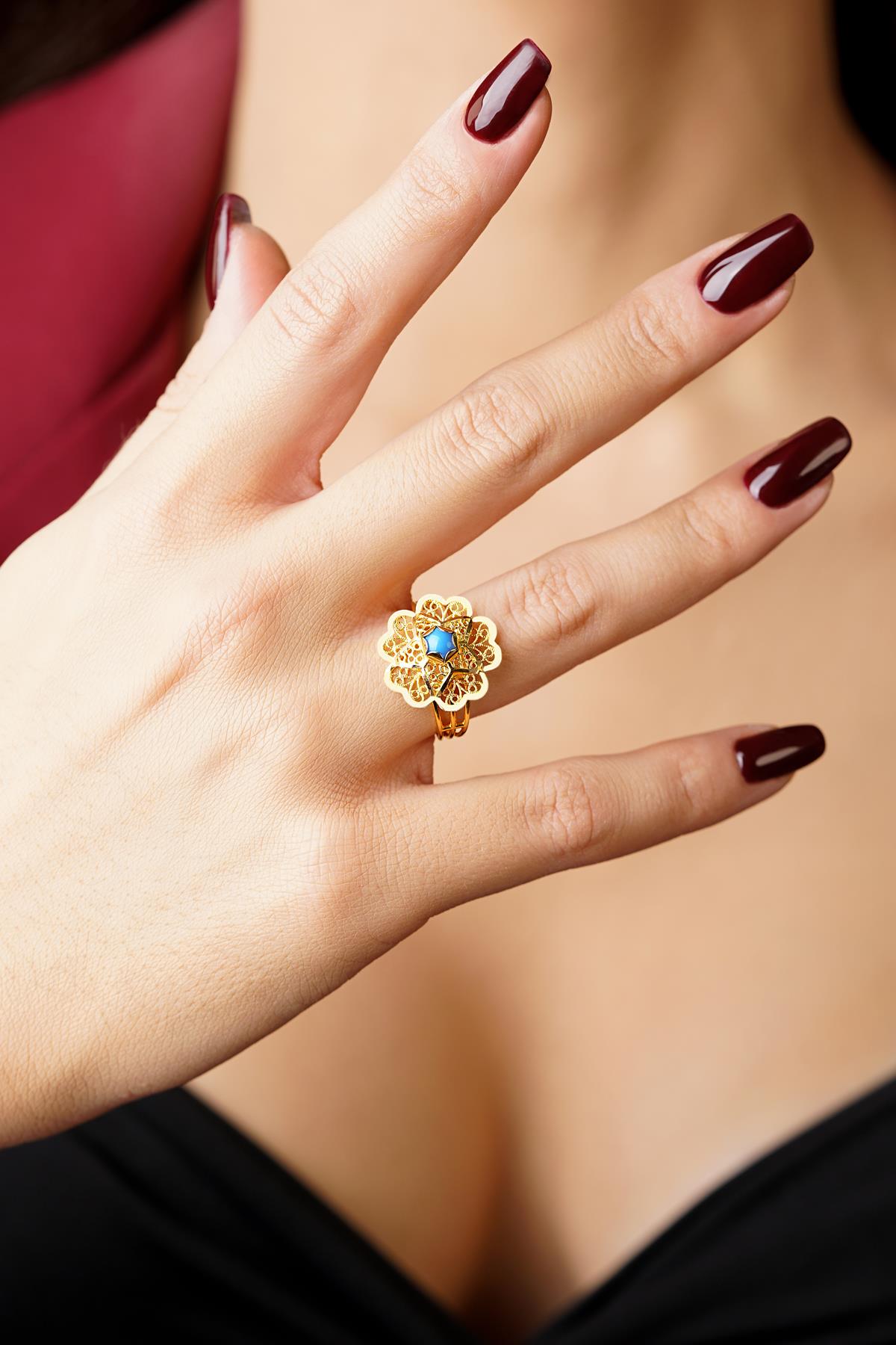 14K Gold Turquoise Stone Rose Motif Filigree Ring - Mother's Ring