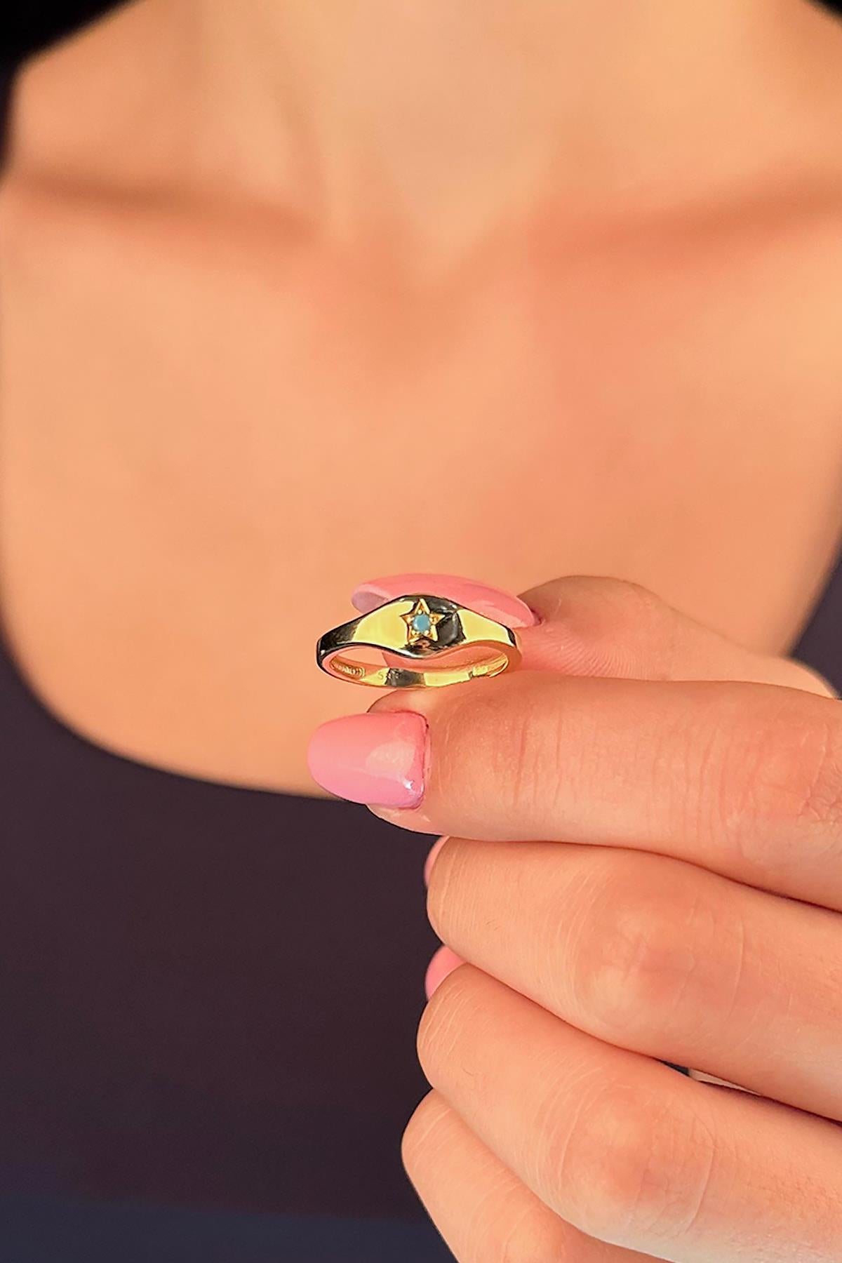 14K Gold Turquoise Stone Star Signet