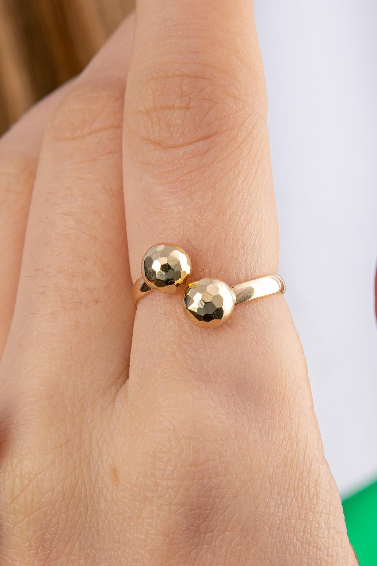 14K Gold Two Faceted Ball Ring