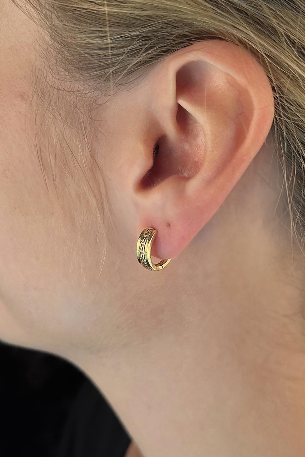 14K Gold Two Tone Greek Key Hoop Eearrings