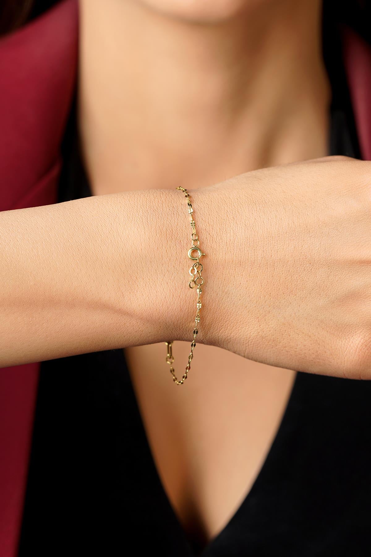 14K Solid Gold Water Drop Charm Mirror Bracelet