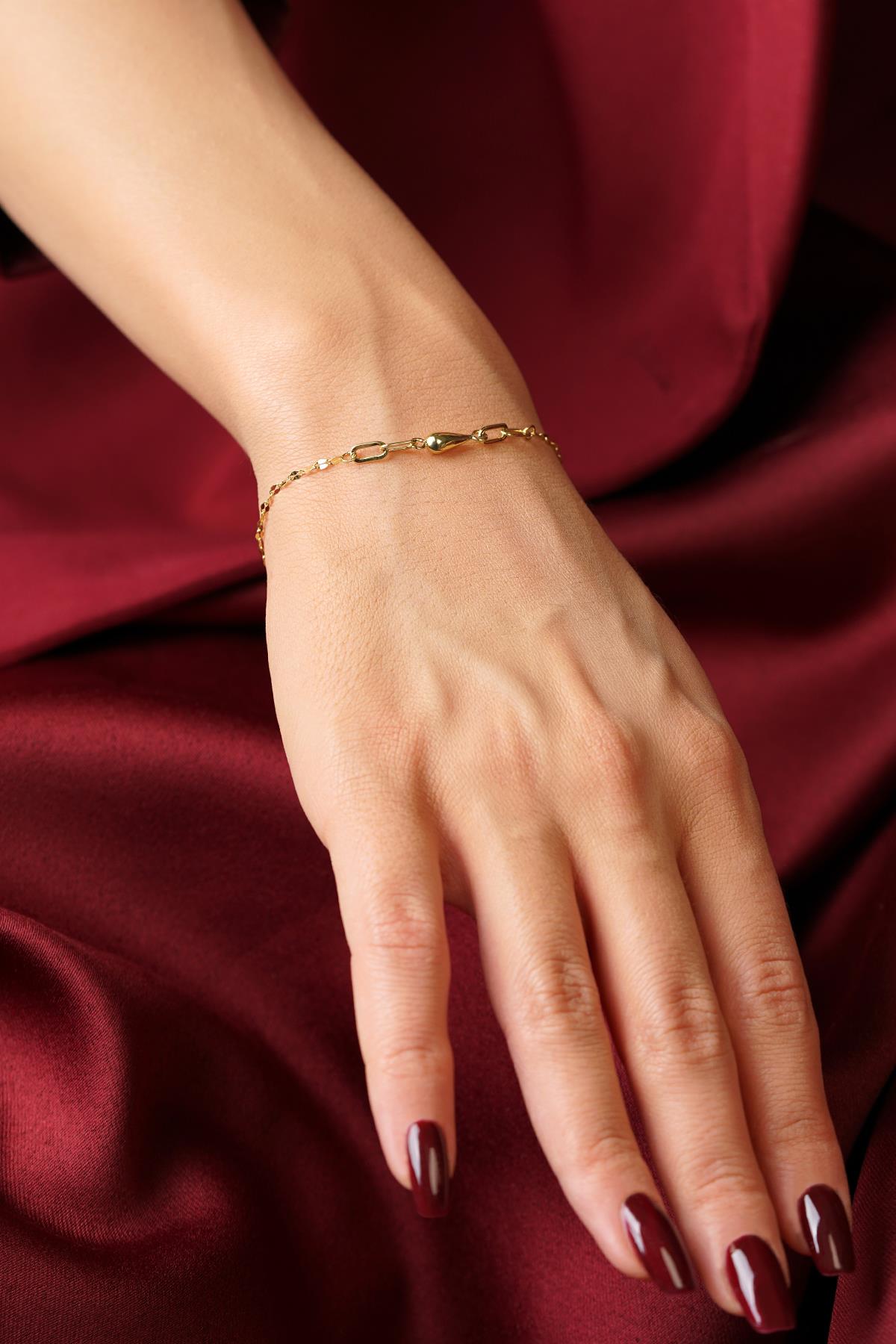 14K Solid Gold Water Drop Charm Mirror Bracelet