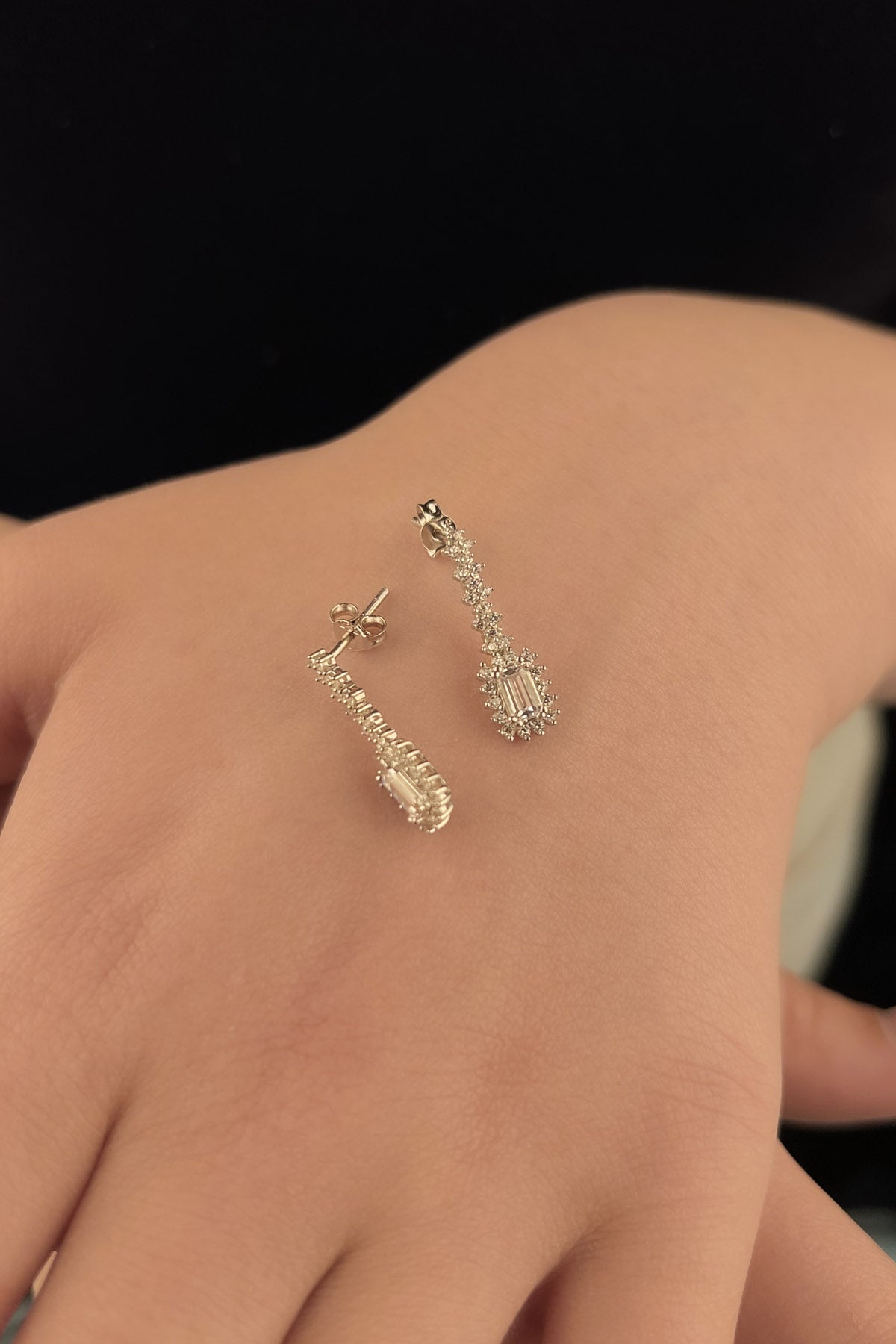 14K Gold White Baguette Stone Drop Earrings