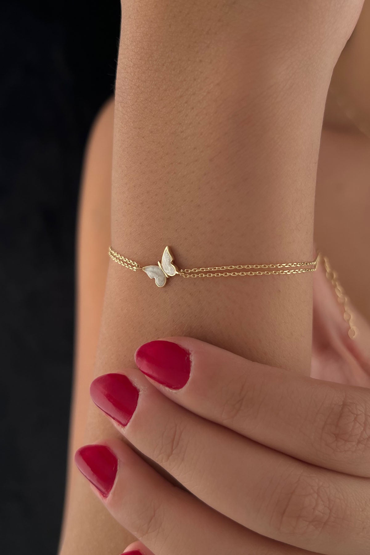 14K Gold White Enamel Butterfly Bracelet