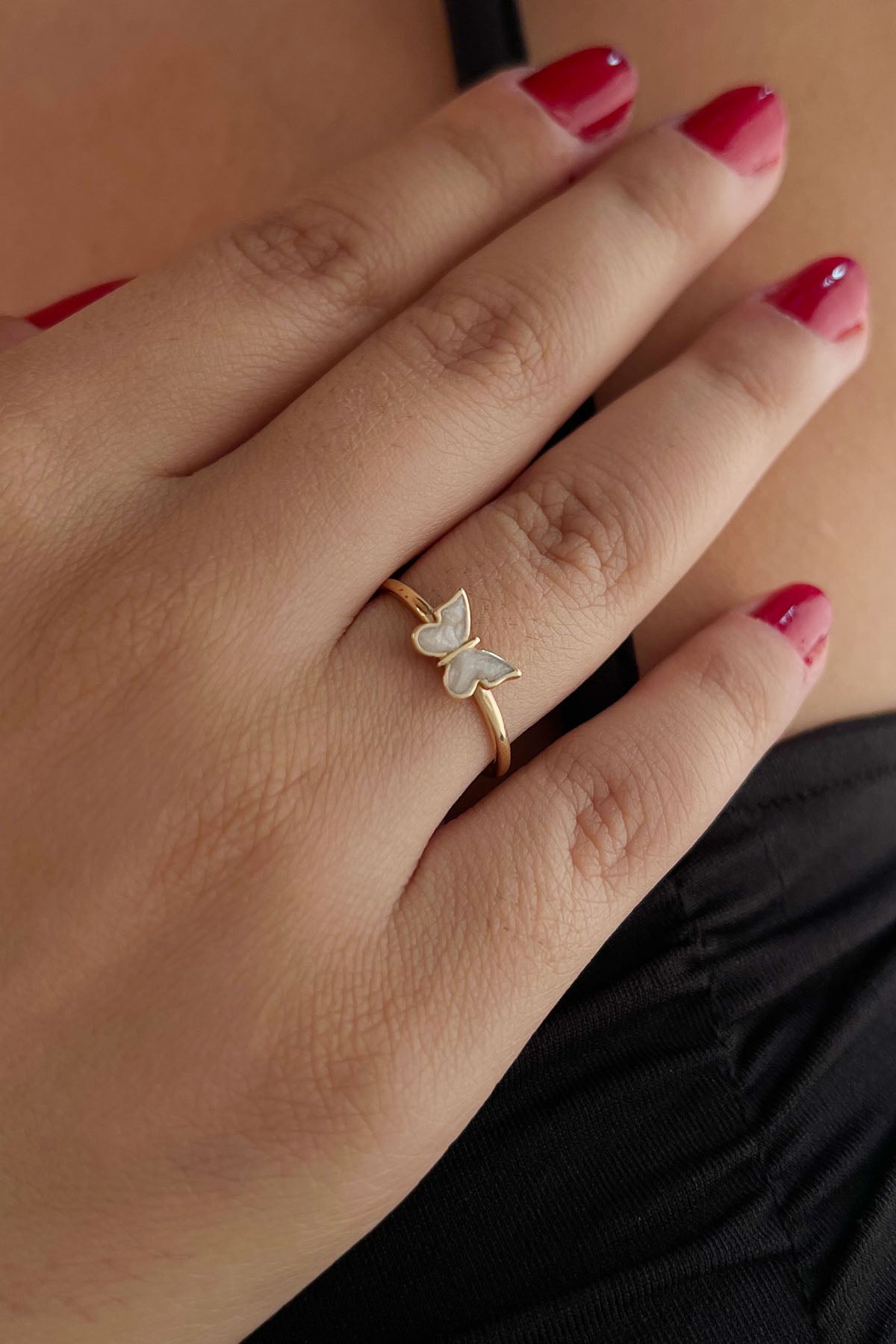 14K Gold White Enamel Butterfly Shape Ring