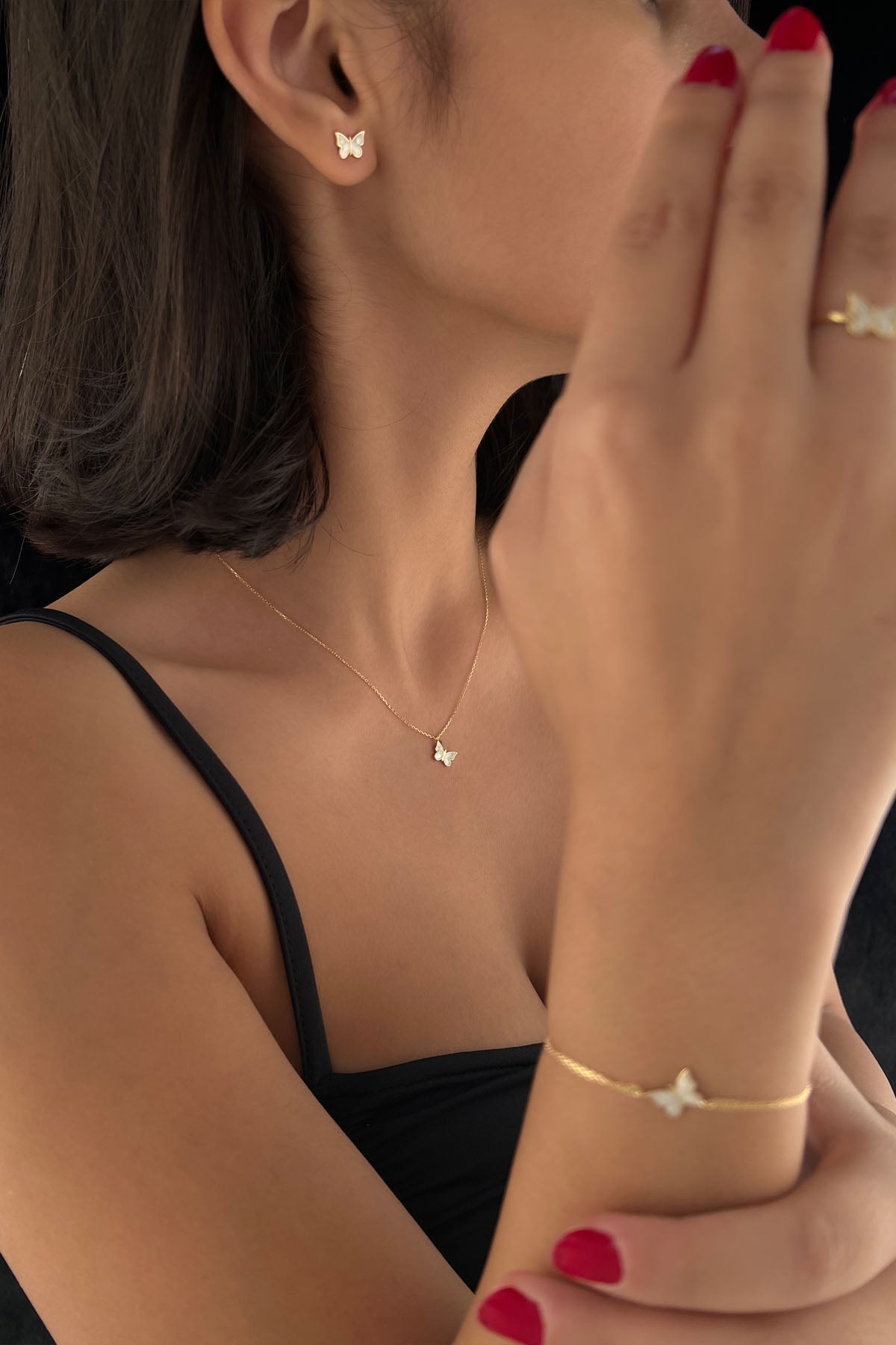 14K Gold White Enamel Butterfly Shape Set